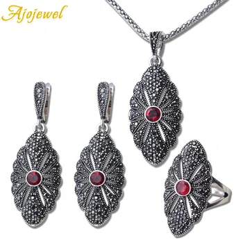 

Ajojewel Vintage Carved Red Zircon Beautiful Geometric Pendant Earring Necklace Rings For Women Full Of Rhinestone Jewelry Set