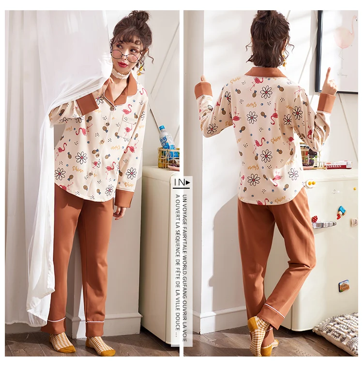 Новый осень-зима 100% хлопок Теплые цветочный Для женщин пижамный комплект с длинными рукавами отложной воротник кардиган большой Размеры