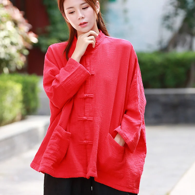 

ORIGOODS Plus size Blouse Shirt Women Autumn Winter Oversized Blouse Outwear Chinese style Vintage Warm Cotton Shirt Tops C183