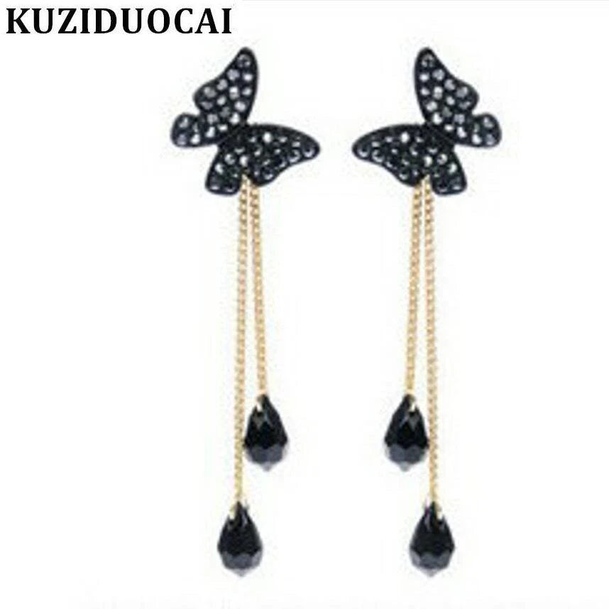 

Kuziduocai New Fashion Jewelry Butterfly Rhinestone Pendant Droplets Tassel Stud Earrings For Women Brincos Pendientes E-159