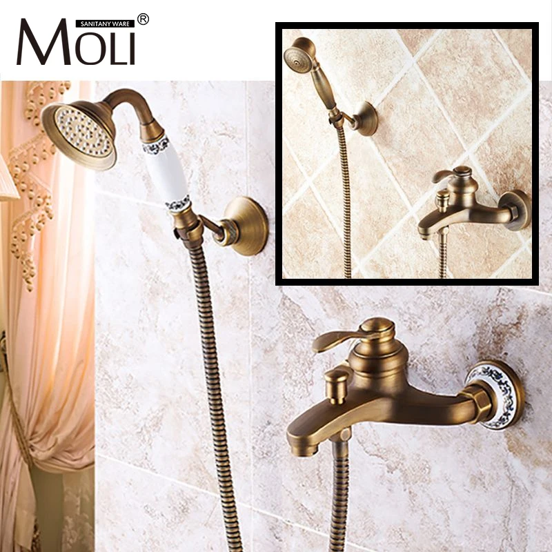 Wall mounted antique brass bronze brushed bathtub faucet with hand shower bathroom shower