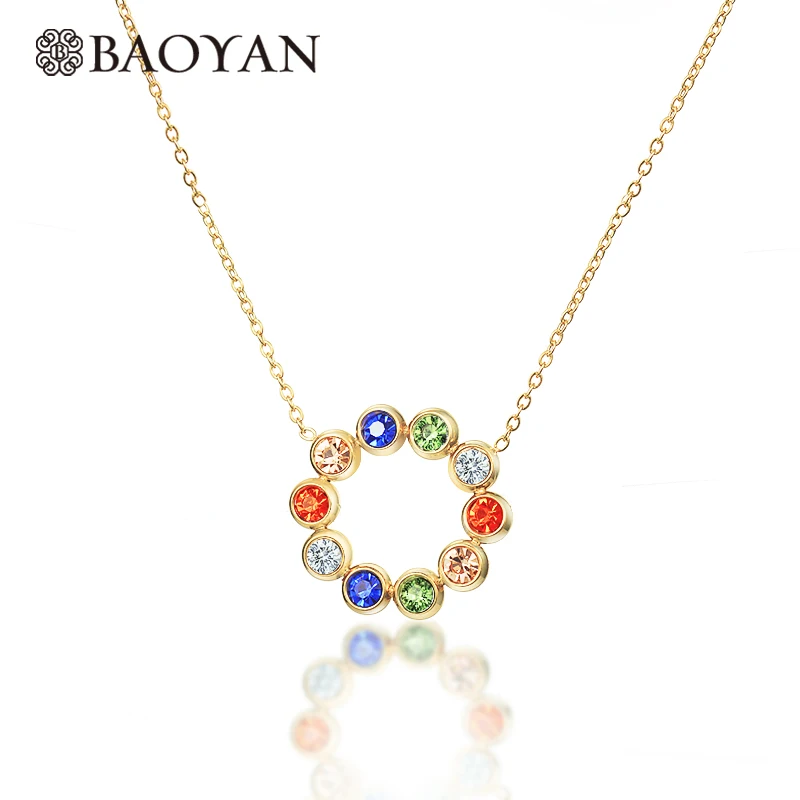 

BAOYAN Trendy Hollow Round Rhinestone Necklaces Stainless Steel Cubic Zirconia Crystal Flower Pendant Necklaces For Women Girls