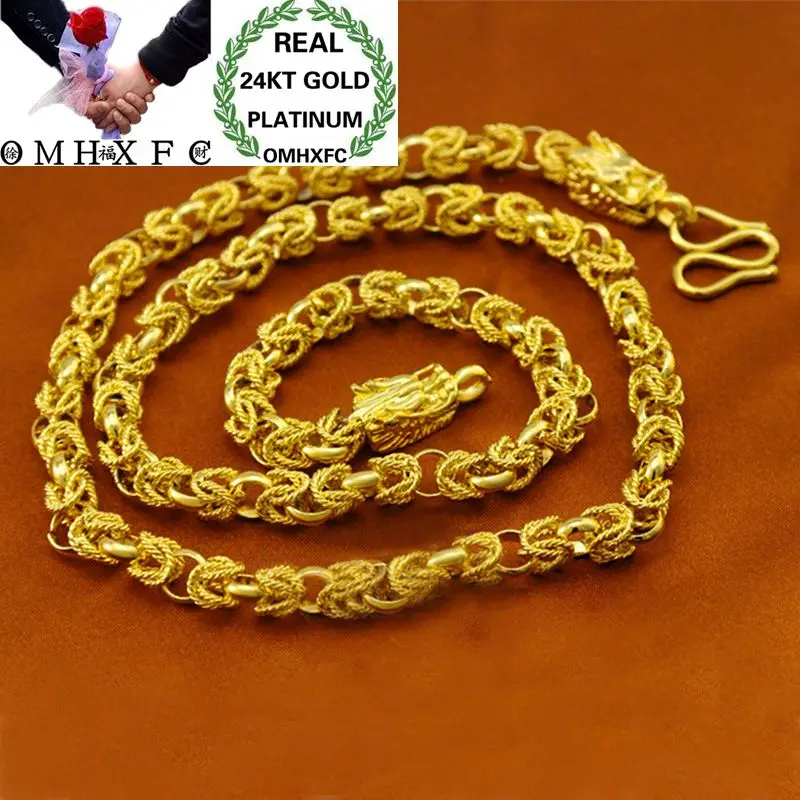 

OMHXFC Wholesale European Fashion Male Party Wedding Gift Long 50cm Wide 7mm Dragon Spring Real 24KT Gold Chain Necklace NL39