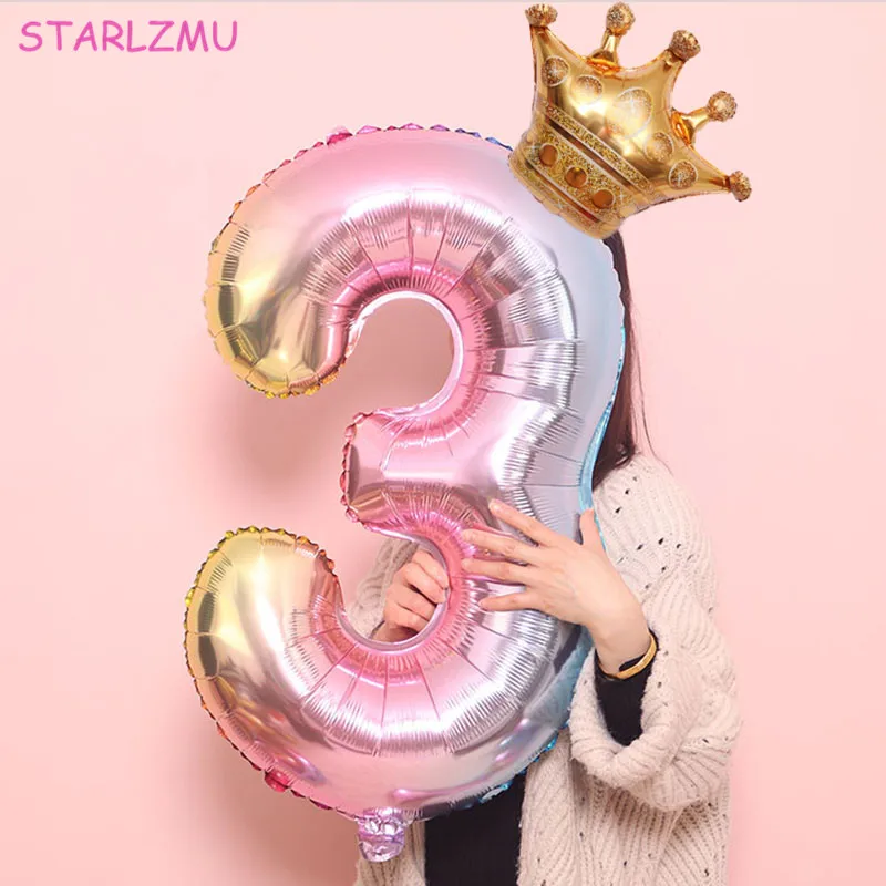 STARLZMU 2 шт. 32 дюймов Радуга номер воздушные шары с золотой короной Единорог воздушный шар из фольги для вечеринок день рождения аксессуары