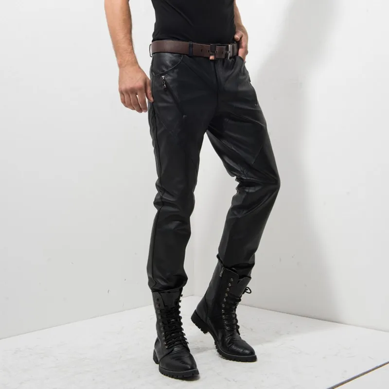 Мужские брюки на молнии ветрозащитные из натуральной кожи|fashion trousers|pants malefashion pants