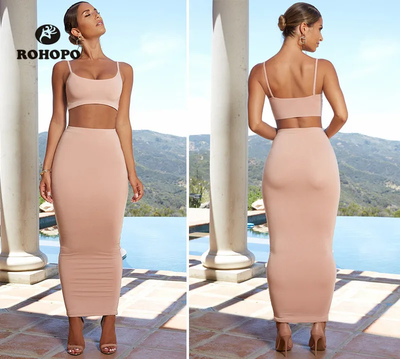 

ROHOPO Set 2 Piece Thicken Cotton Double Layer Women Bodycon Mid-calf Tops & Sheathe Skirt High Waist Sexy Party Night Set Suit