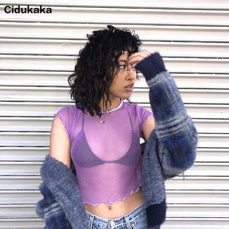 

Cidukaka Mesh Top Sexy Purple T Shirt Women 2019 Summer Tops Crop Top Female Basic Streetwear Short Sleeve Shirts Harajuku