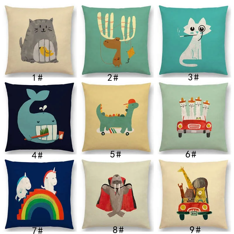 Latest Cartoon Animals Cushion Cover Cat Moose Elephant Unicorn Whale Colorful Pillow Case | Дом и сад