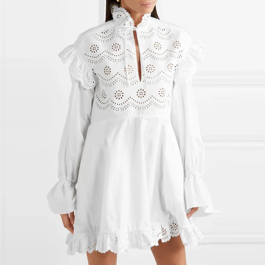 

2019 Summer Solid White Elegant Dress Stand Collar Ruffles Hollow Out Patchwork Drawstring Mini Dress High Quality Loose Dress