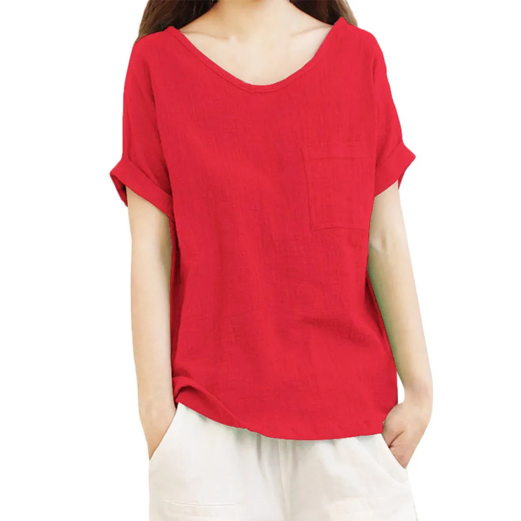 Женская блузка Blusas Mujer De Moda, Женская хлопковая и льняная рубашка с коротким рукавом и карманом, топ, блузка, женская блузка - Цвет: Red