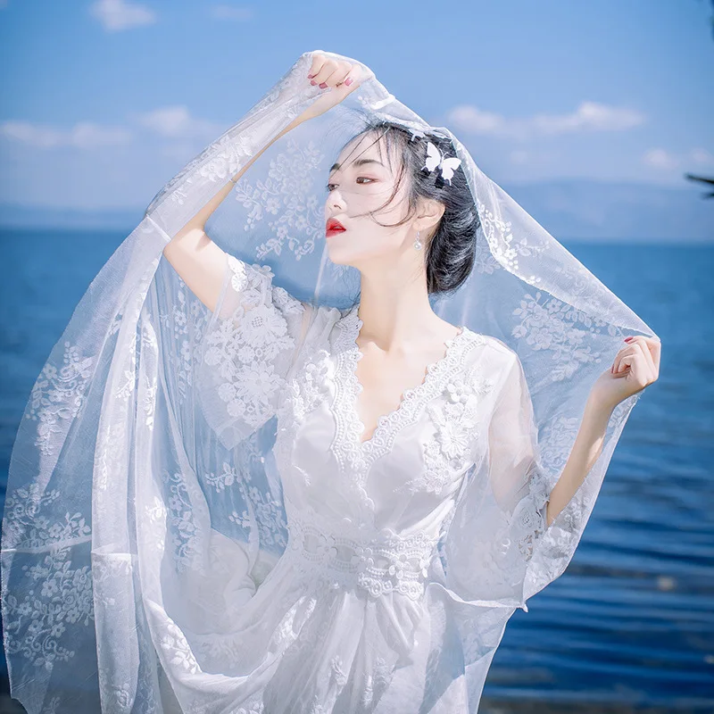 

Spring summer new white mesh dress lace long dress seaside holiday dresses elegant vocation vestidos