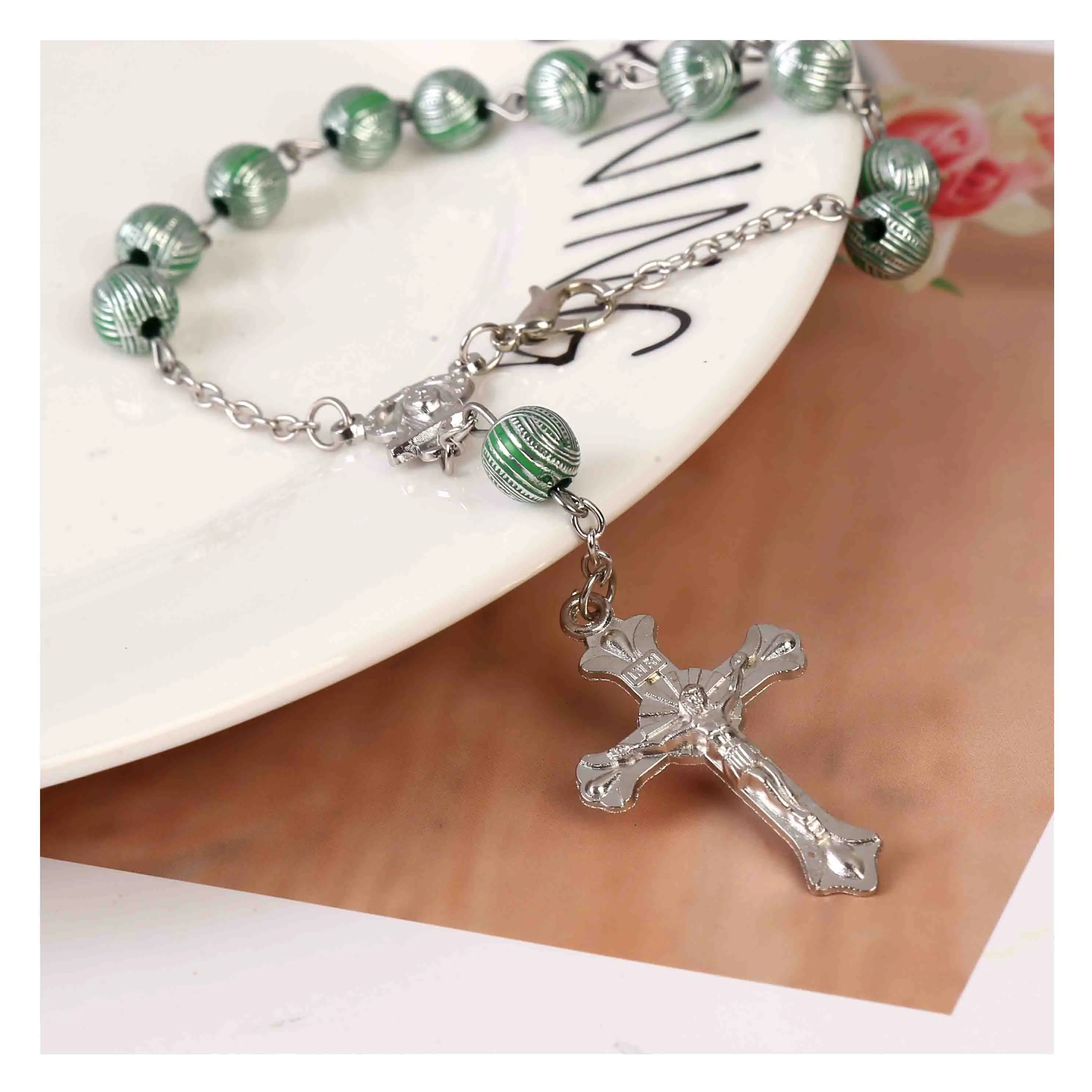 12 Pieces / Crystal Pearl Cross Bracelet Catholic Rosary Religious Bracelet Baptism Rosaryin