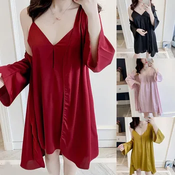 

Autumn New Fashion Women Pajamas Sexy Underwear V-Collar Robe Lingerie Sling Nightgown+Coat Set pajama set Z4