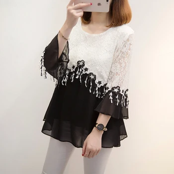 

Plus Size 5xl Patchwork Tassel Lace Crochet Shirt Lotus Leaf Flare Sleeve Camisa Feminina Sweet Floral Tops Women's Blouse