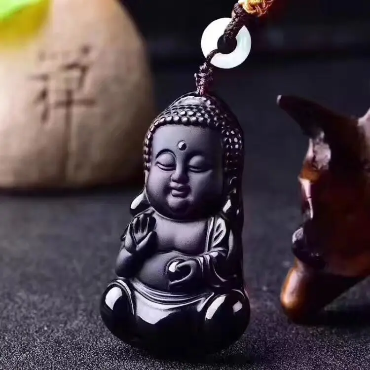 

100%natural Black Obsidian hand-carved Baby Buddha Lucky Pendant+Beads Necklace