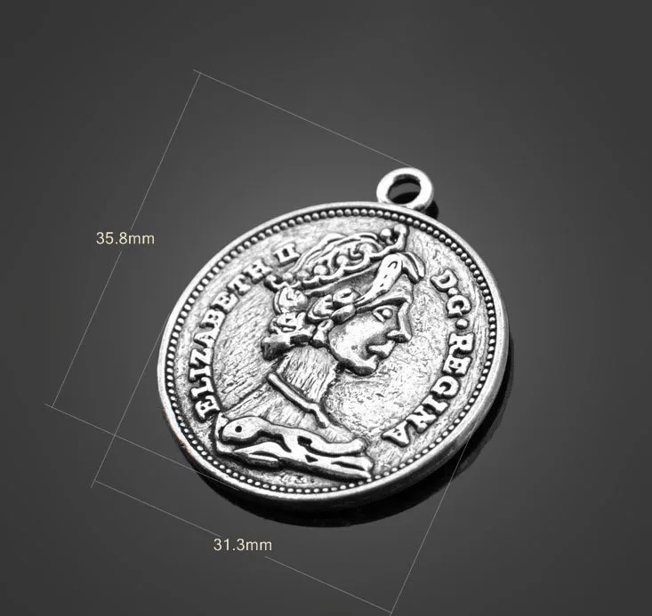 

50pcs Antique Pewter Gold Coin Charms Pendants-DIY Findings Necklace Bracelet Metal Fashion Accessories 35.8mm X 31.3 mm