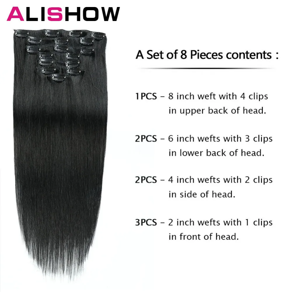  Alishow Clip In Human Hair Extensions Straight Full Head Set 7pcs 100g Machine Made Remy Hair Clip 