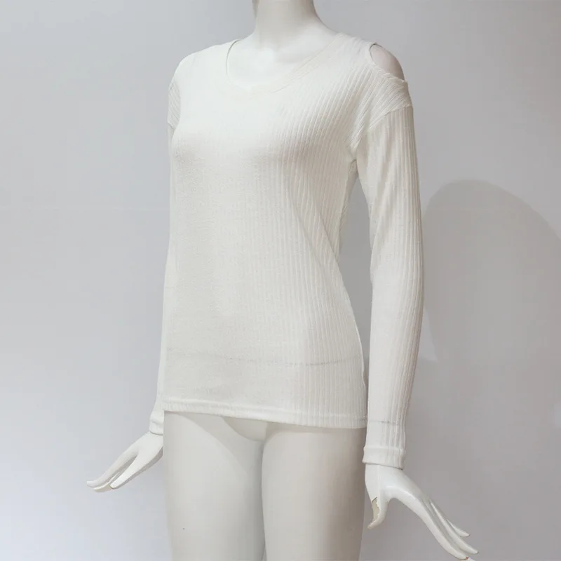 Pullover V-Neck Cold Shoulder Sweater Winter Clothes Women Rib Knit Long-Sleeved Top Casual Pure Color Clothes Autumn Female (11)