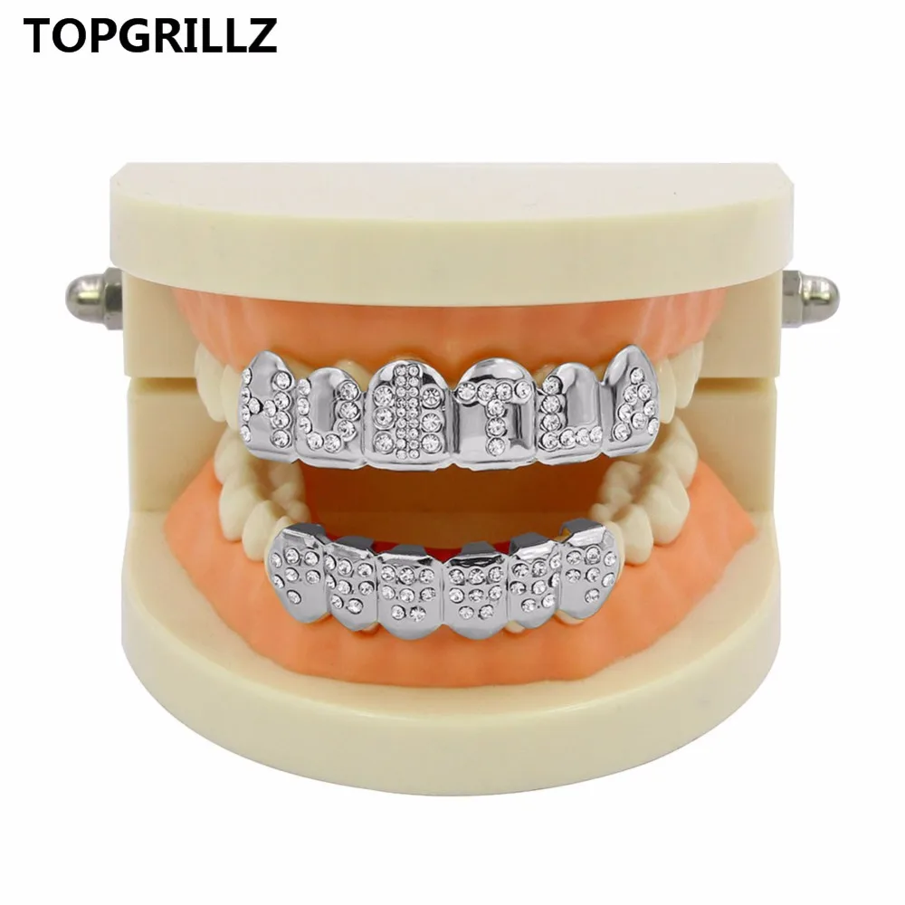 TOPGRILLZ золото цвет покрытием Iced Out письмо CZ камень хип хоп ЗУБЫ для рот GRILLZ шапки Топ и дно грили набор Классический зуб