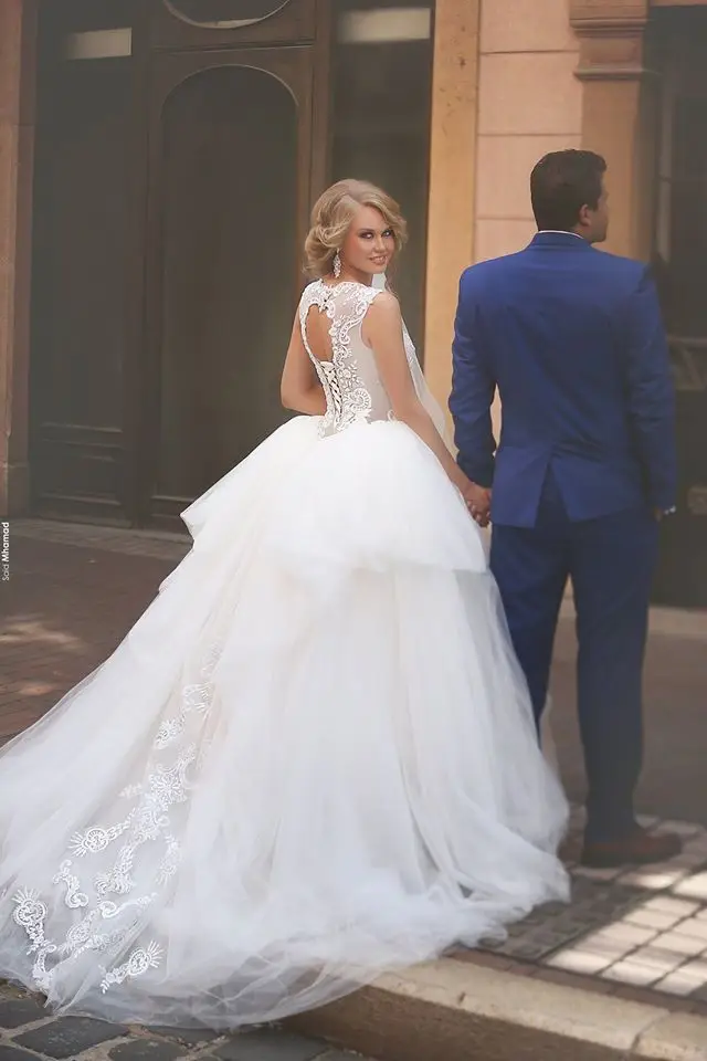 Vestidos de boda 2019 удивительные кружево Тюль Свадебные платья Высокое средства ухода за кожей шеи без рукавов дешевое свадебное платье развертки