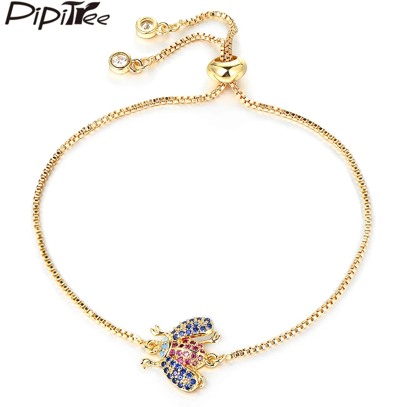 

Pipitree Lovely Flying Ladybug Charm Bracelet Insect Jewelry Brass Chain AAA Blue & Fuchsia Cubic Zircon Bracelets Women Jewelry