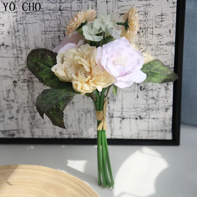 YO CHO Artificial Flowers High Quality Tea Rose Bouquet For Wedding Decoration Fake Flowers Home Balcony DIY Decor Silk Flowers