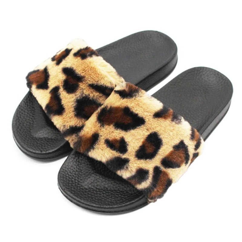 

9225 Fashion flip flops sandals girls Womens Ladies Sliders Leopard Fluffy Faux Fur Flat Slip 2018