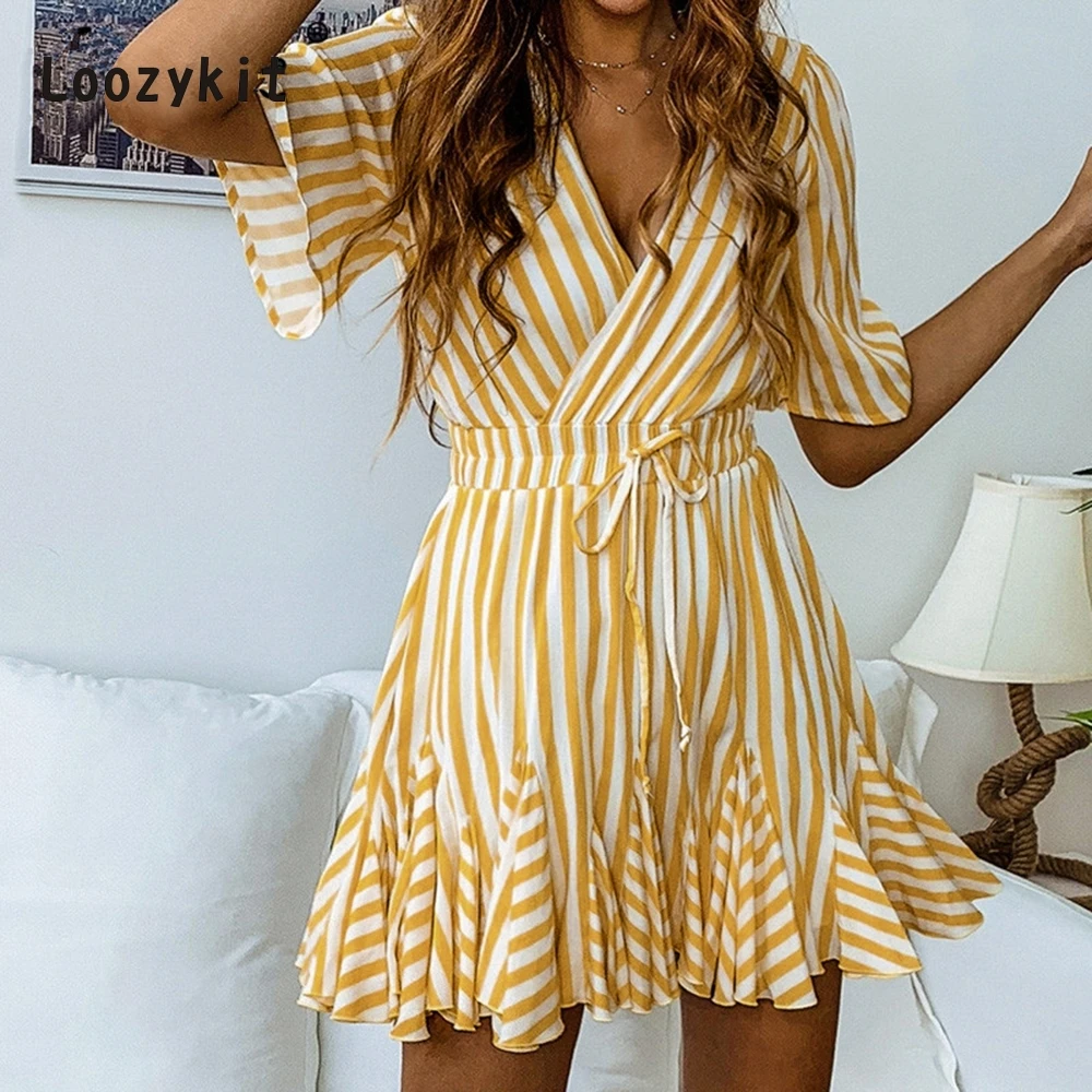 

LOOZYKIT Striped V Neck Dresses Sashes Holiday Women Short Dress Button Tie-up High Waist Wrap Vestidos robe femme