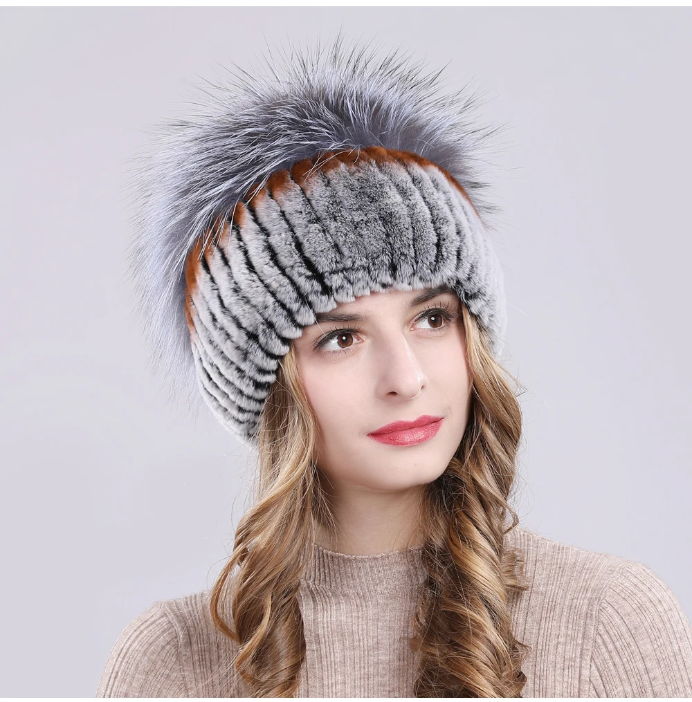 Outdoor Women Warm Soft Genuine Rex Rabbit Fur Hat Knitted Natural Real Sliver Fox Fur Caps Winter Real Rabbit Fur Beanies Hats