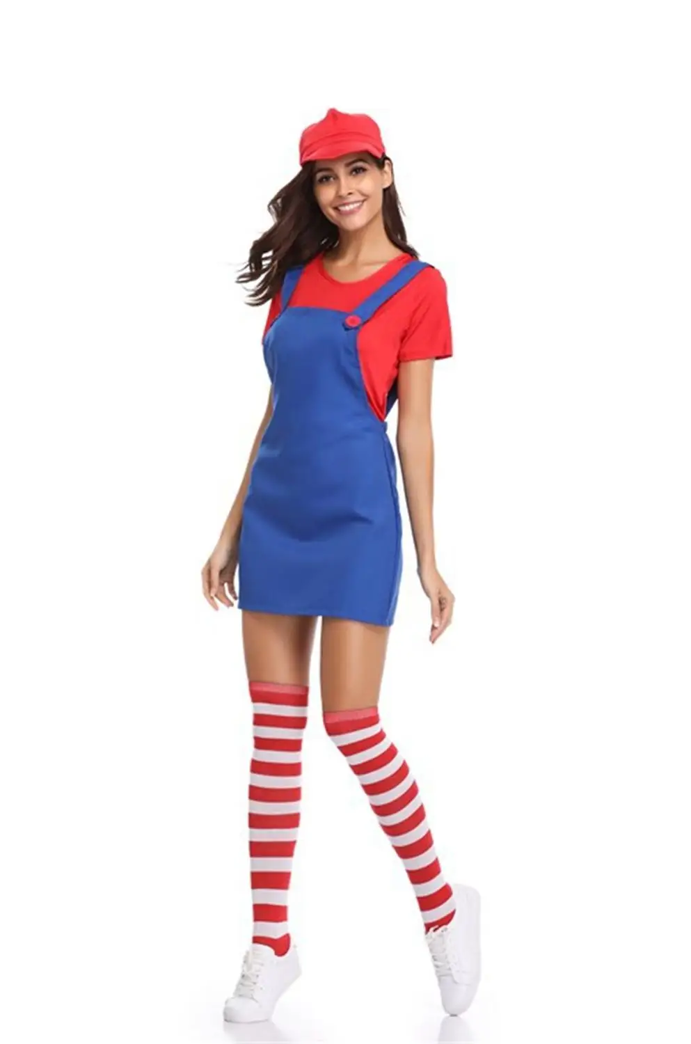 Косплей Супер Марио женская униформа ремень платье/носки/шляпа одежда для сантехников Сексуальное женское платье Хэллоуин Карнавальный Костюм - Цвет: Синий