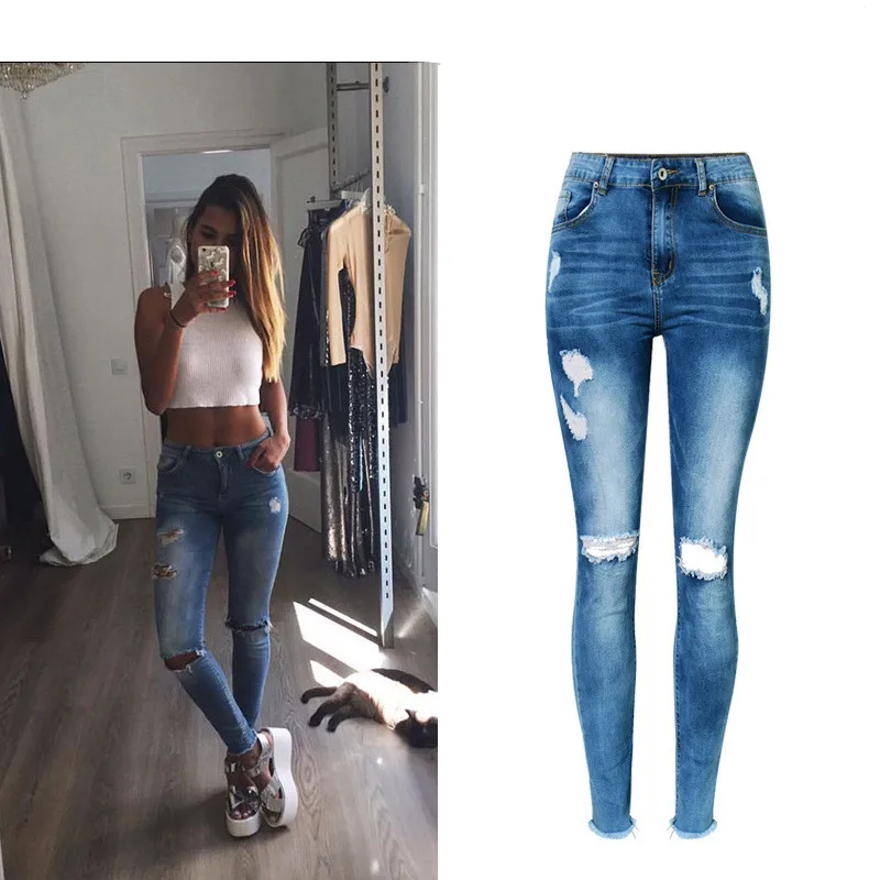 Jeans High Waist Ripped Hole Women Boyfriend Jeans Navy Blue Cotton Skinny Denim Push Up Bleached Fashion Female Jeans Femme (14)
