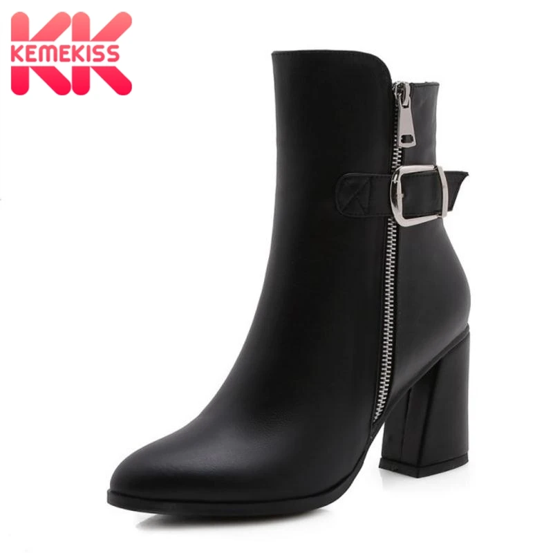 

KemeKiss Women Genuine Leather Ankle Boots Zipper Plush Fur Warm Shoes Woman Buckle High Heels Boots Winter Shoes Size 34-39