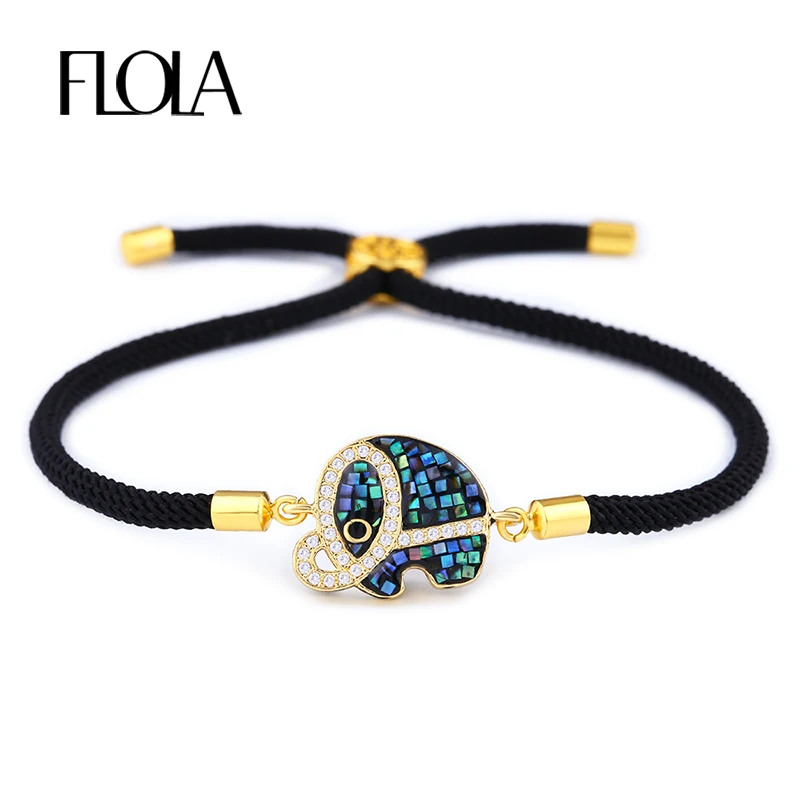 

FLOLA Abalone Shell Cute Elephant Bracelet Woman Man CZ Animal Bracelet with Black & Red String Rope Dubai Gold Jewelry brta86