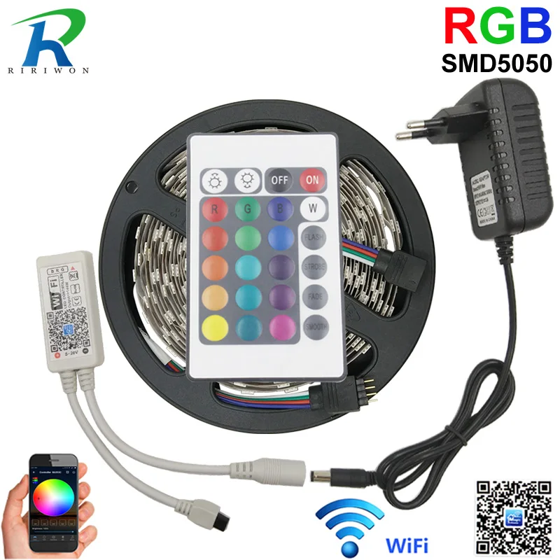 Светодиодная лента 5050 RGB 5 м с WiFi управлением smd для украшения дома Гибкая контроллер + 12 В 3A адаптер