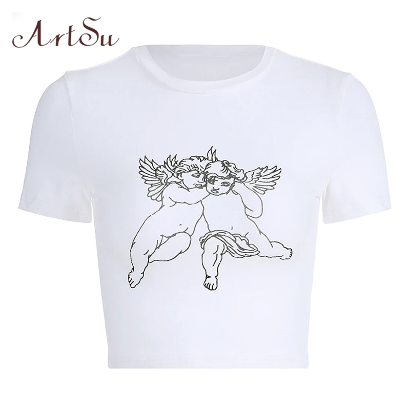 

ArtSu Angel Print White t shirt Women Bodycon Knitted Short Sleeve T-shirt 2019 Streetwear Sexy Crop Top Summer Shirt ASTS20731