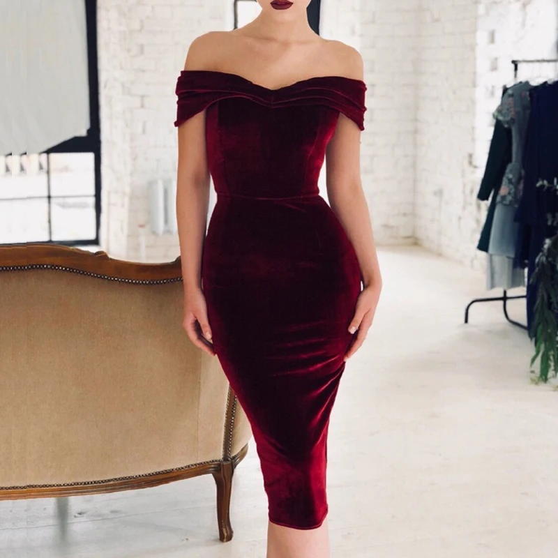

Women Sexy Off Shoulder Velvet Midi Dress Spring Summer Wrap Bodycon Elegant Party Dress Slash Neck Robe Dresses Female Vestido
