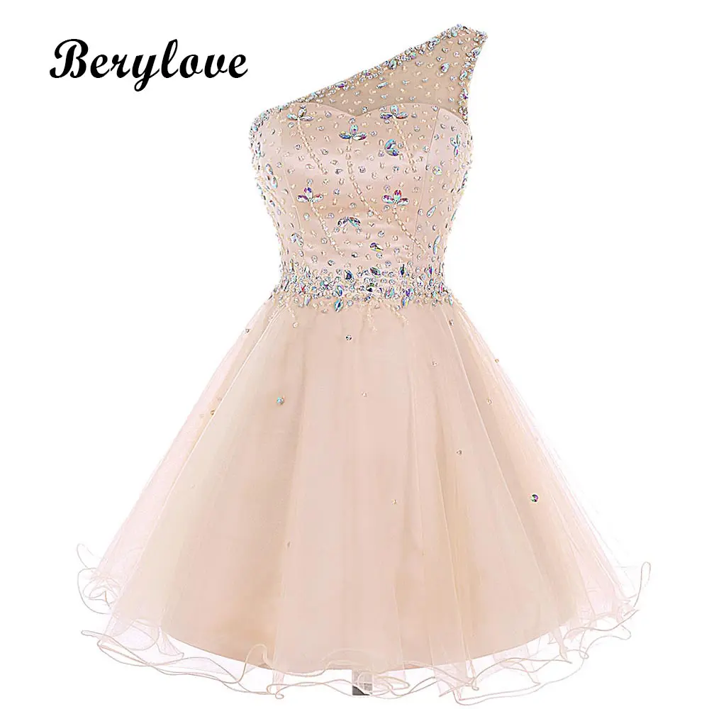 

BeryLove Short Champagne One Shoulder Graduation Dresses 2019 Mini Beading Tulle Homecoming Dresses Style Mini Party Dresses