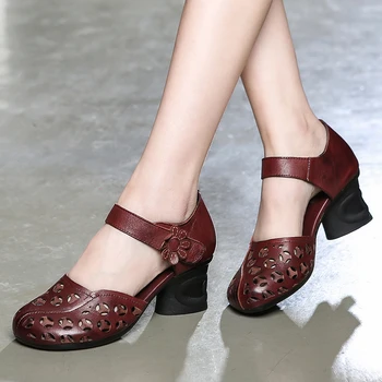 

Women Leather Sandals Embroidery Retro Shoes Summer 6 CM High Heels Black Sandals Women Hollow Out Shoes Ankle Strap Handmade