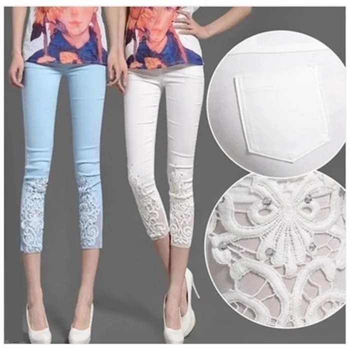 

Women Lace Pants Crochet Rhinestone Skinny Stretch Cropped Crochet Lace Diamond Leggings Capris Pants Summer Plus Size S-4XL