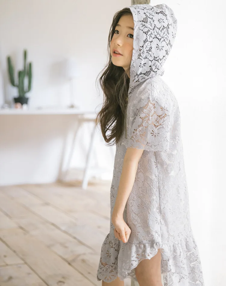 hooded lace asymmetrical children dresses summer 2018 new short sleeve baby girl dress kid clothing princess dress for big girls (9)