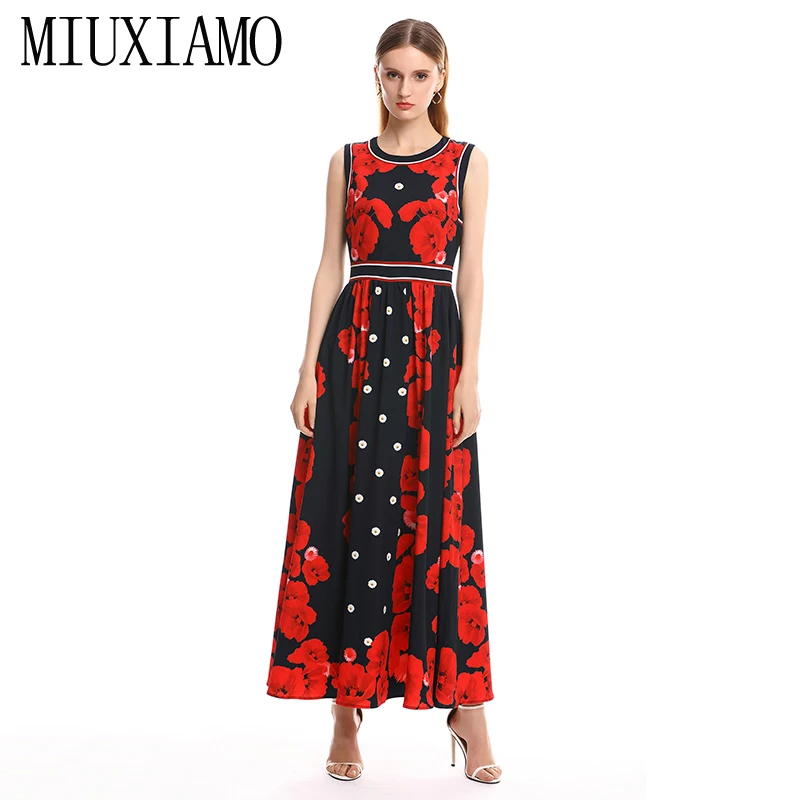 

MIUXIMAO 2019 Spring&Summer Long Dress New Arrival Fashion Sleeveless Floral Dress Print Ankle-Length Long Dress Women vestido