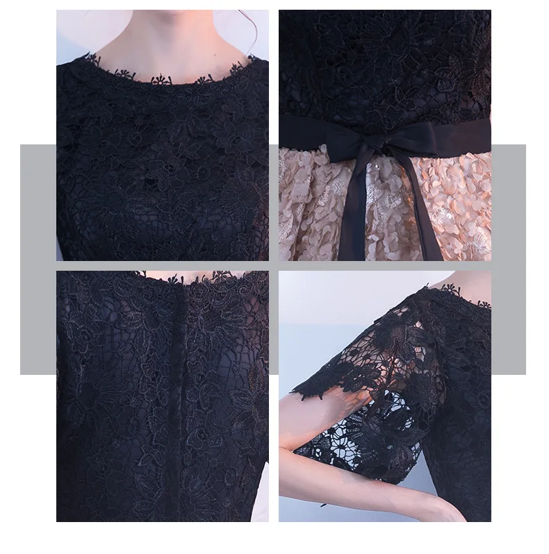 Черное элегантное платье цвета шампанского, вечернее платье миди с коротким рукавом, женское платье, кружевное вечернее платье