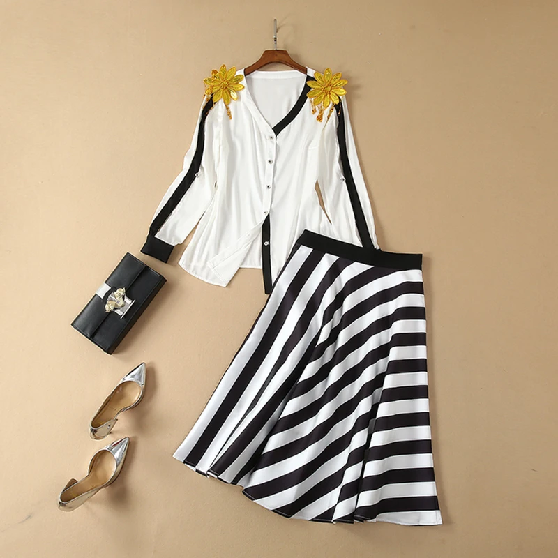 

HIGH QUALITY Newest Fashion 2019 Runway Suit Women's Flower Appliques Blouse Striped Skirt Set