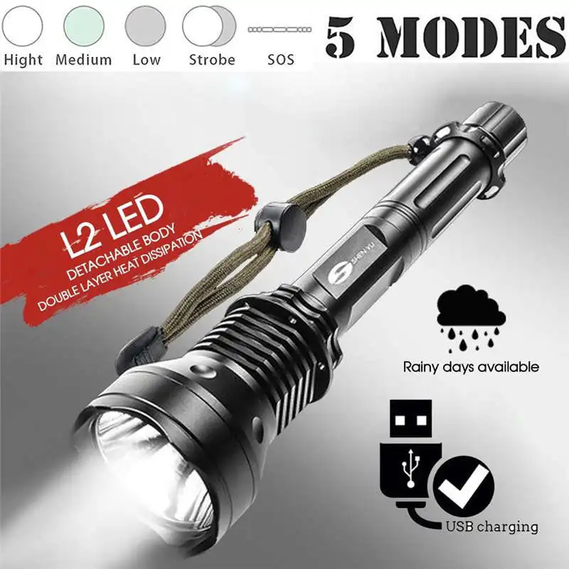 

Detachable XM-L2 USB LED 18650 Rechargeable Battery Flashlight Torch flashlight portable lighting Home lighting #4A09