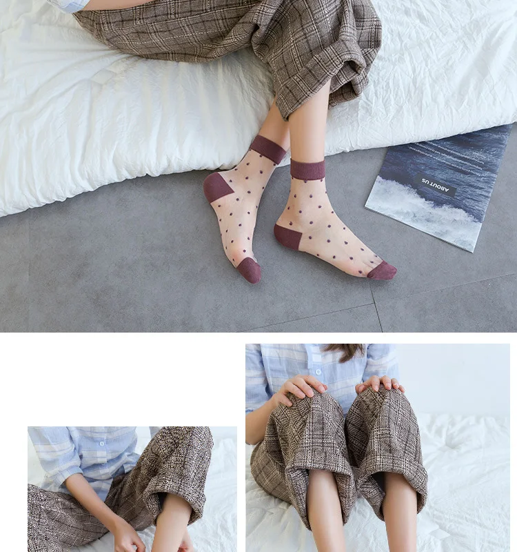 5 пар, милые носки в горошек, женская уличная одежда, печать на прозрачной поверхности, белые женские нейлоновые носки, Harajuku Happy ankle Socks FENNASI