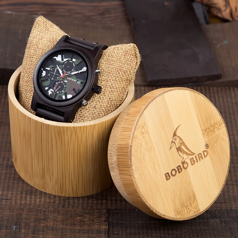 BOBO BIRD Male Wooden Watch Men Wood Quartz Jungle Camo Camouflage Saat erkek Wristwatches Man Japanese movement Show Date Week
