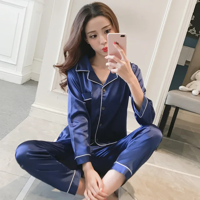 Womens Silk Satin Pajamas Pyjamas Set Sleepwear Pijama Pajamas Suit Female Sleep Two Piece Set Women's Loungewear Plus Size womens pyjama sets Pajama Sets