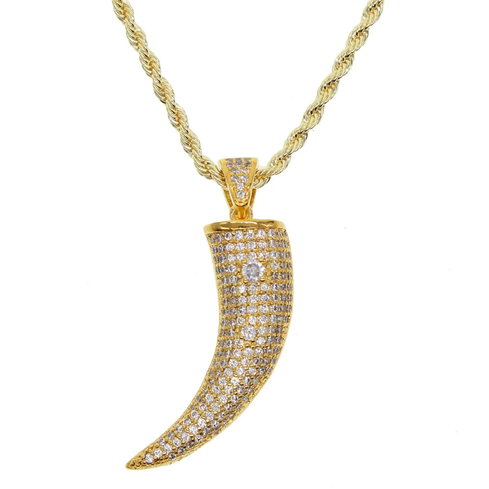 rope chain Gold color CZ hip hop pendant Necklace men Bull Horn Jewelry