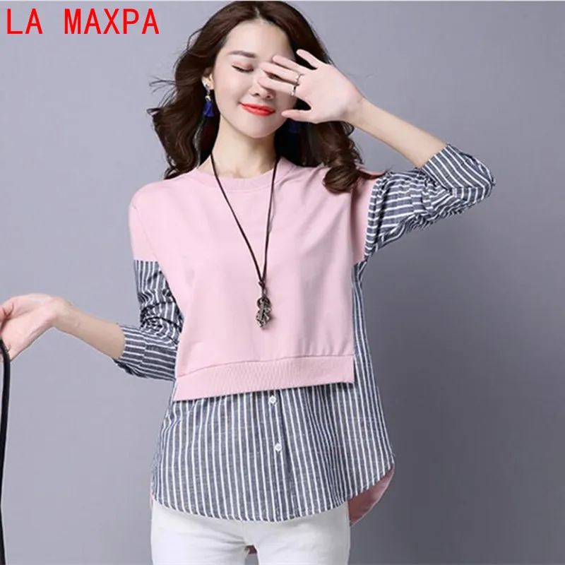 Achat 2018 Automne Blouses Chemise Femelle À Manches Longues Casual Rayé Patchwork Faux Deux Pièces Femmes Blouses Lâche Lady Tops Blusas