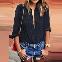 Women Long Sleeve Summer Blouse Nice Sexy Deep V-neck Loose Shirt Casual Solid Black White Chiffon Blouse Plus Size Ladies Pops